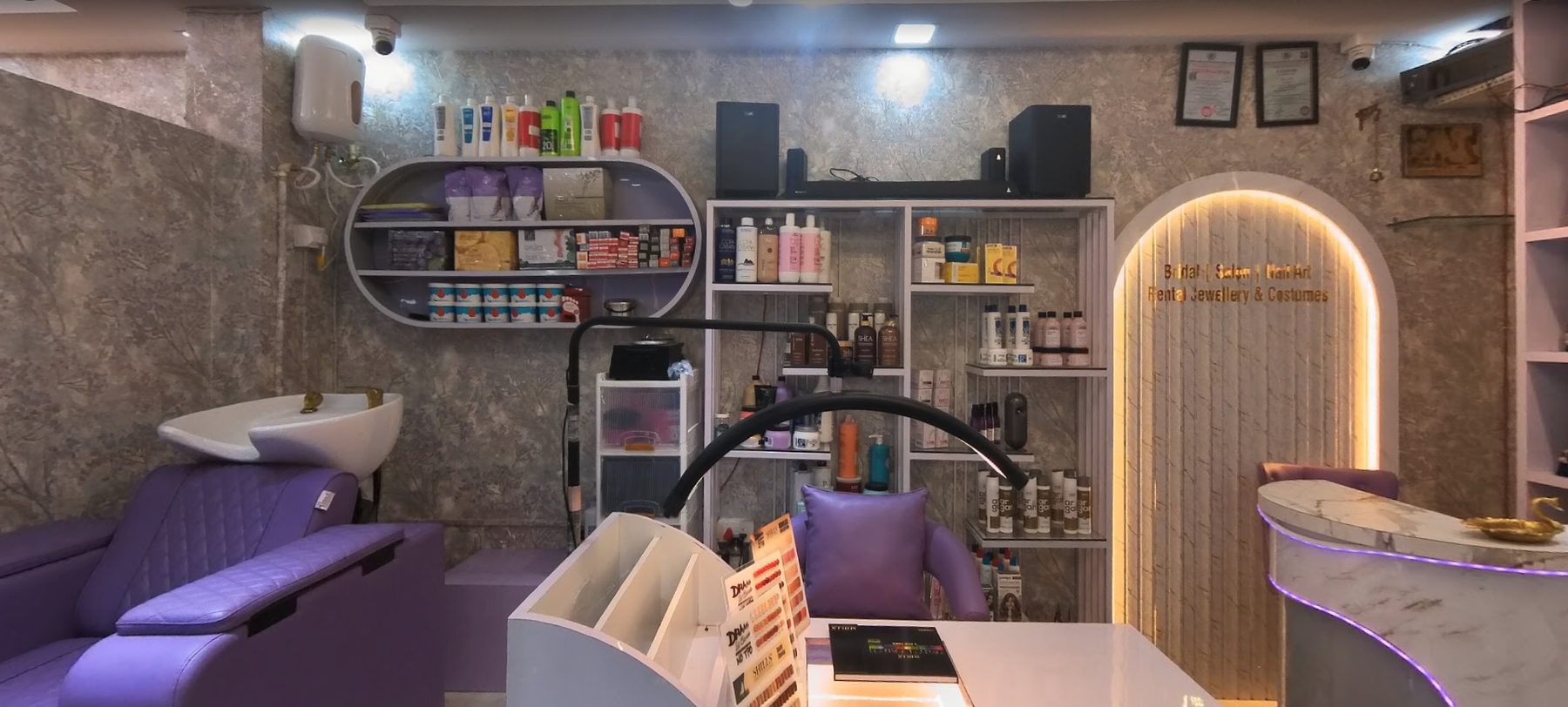 Styling station beneath the bridal salon archway